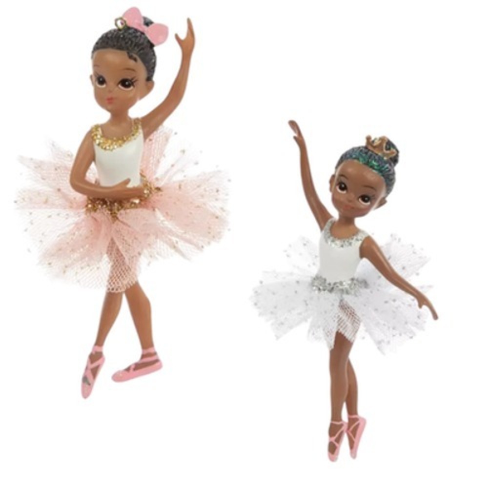 2 Ballerina Christmas Ornaments Black Girls Glitter Silver Gold white Pink Tutus